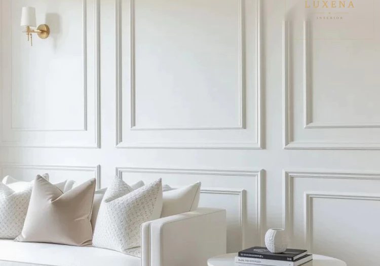 Ruang tamu dengan dinding wall moulding putih